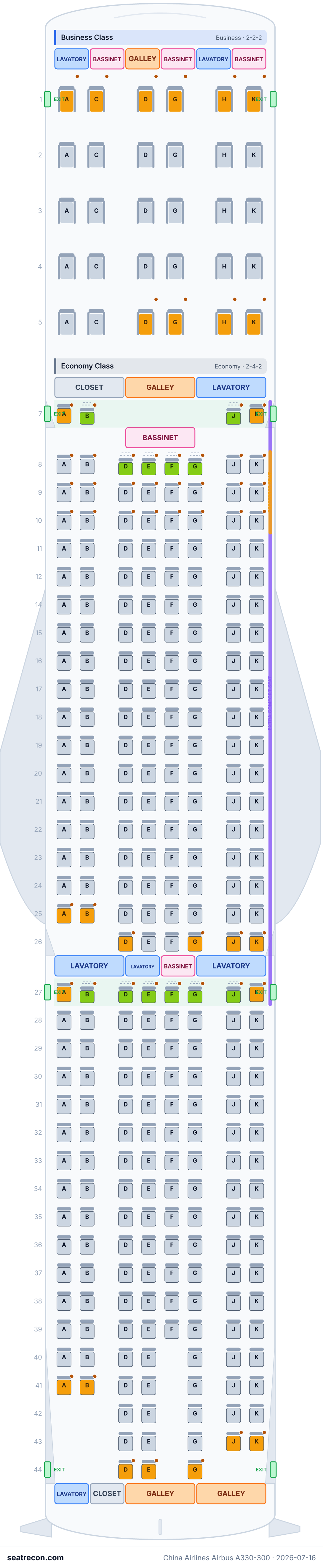 China Airlines Airbus A330-300 seat map diagram — Business Class, Economy Class (307 seats)