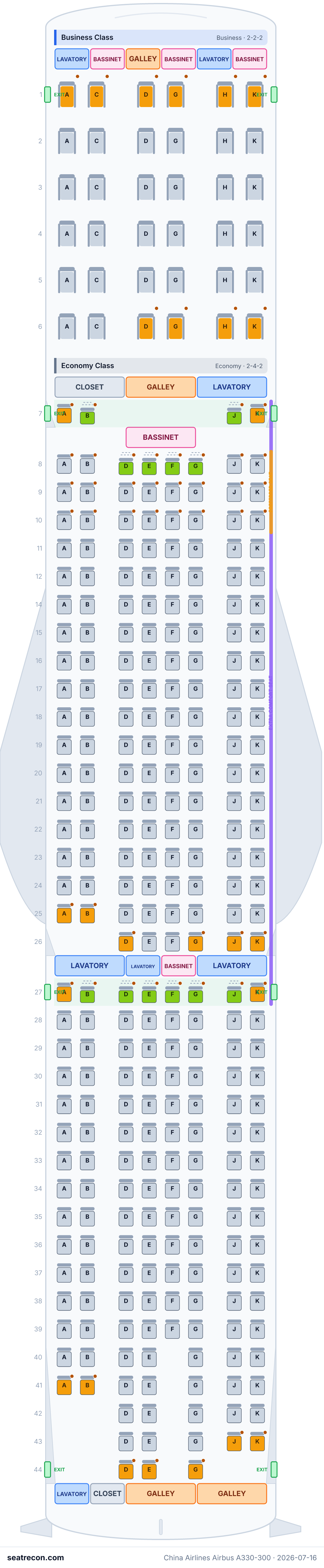 China Airlines Airbus A330-300 seat map diagram — Business Class, Economy Class (313 seats)
