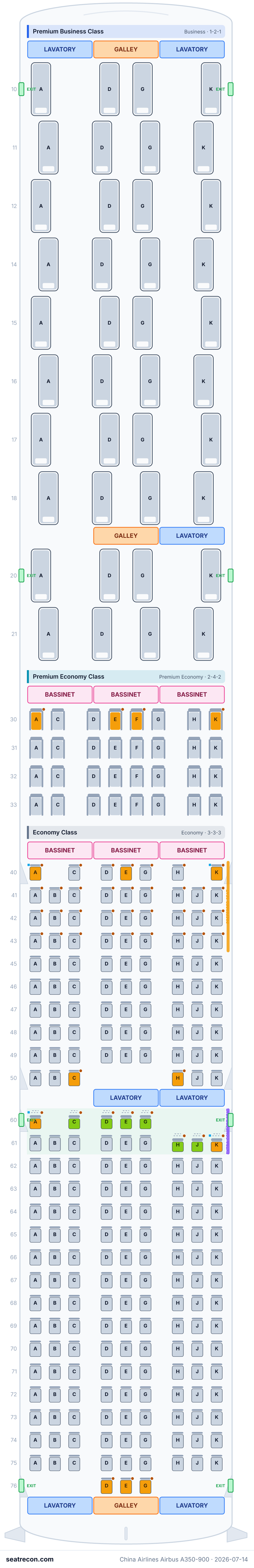 China Airlines Airbus A350-900 seat map diagram — Premium Business Class, Premium Economy Class, Economy Class (300 seats)