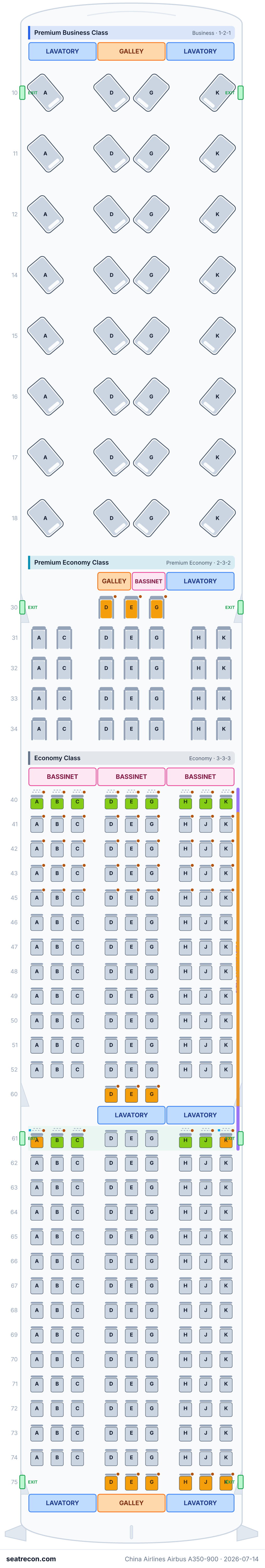 China Airlines Airbus A350-900 seat map diagram — Premium Business Class, Premium Economy Class, Economy Class (306 seats)