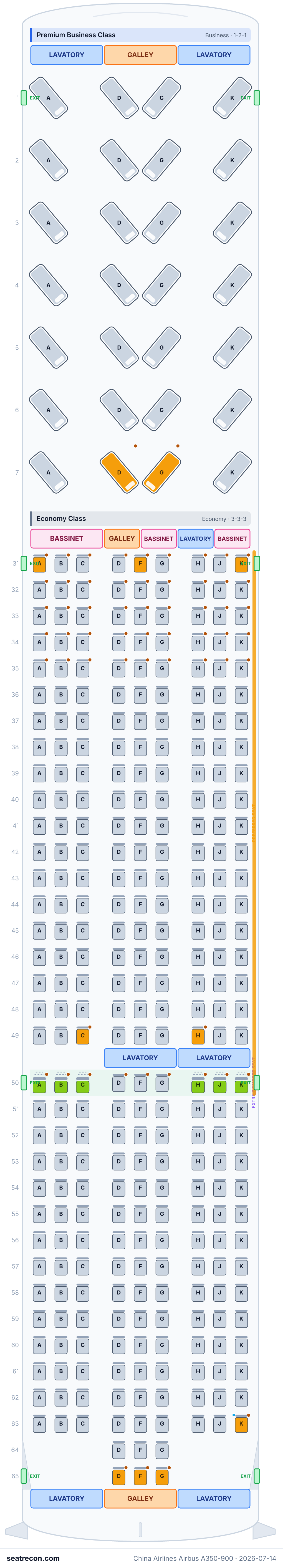 China Airlines Airbus A350-900 seat map diagram — Premium Business Class, Economy Class (331 seats)