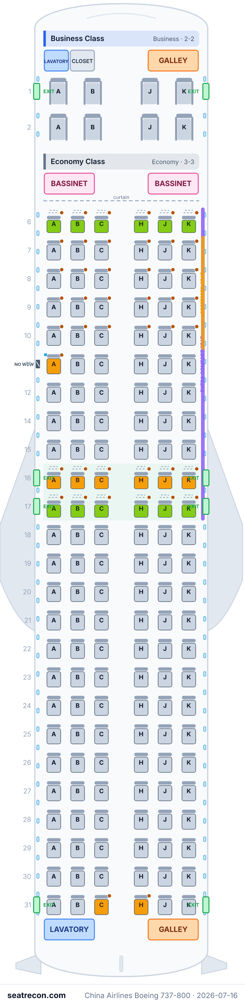 China Airlines Boeing 737-800 seat map diagram — Business Class, Economy Class (158 seats)