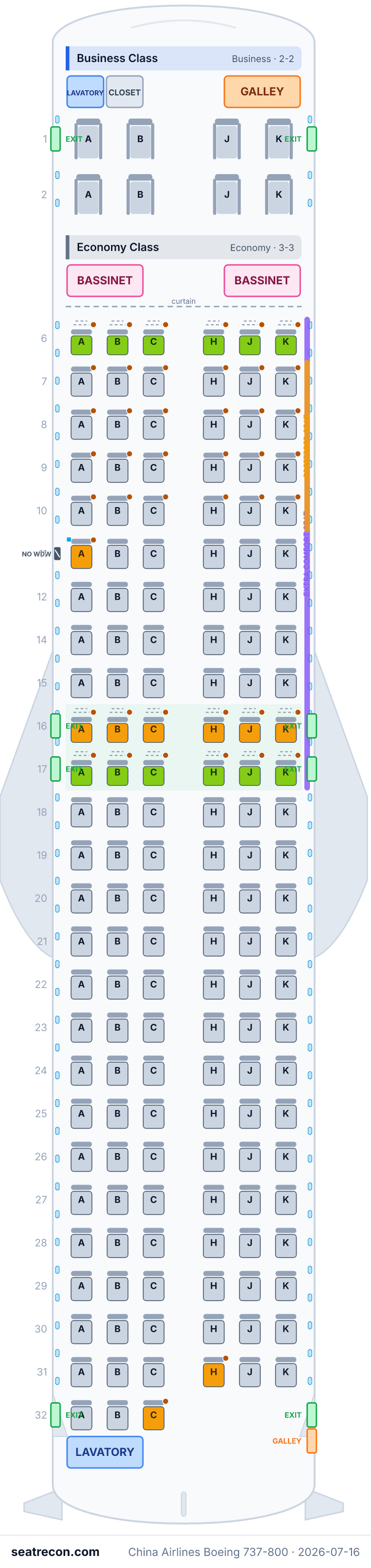 China Airlines Boeing 737-800 seat map diagram — Business Class, Economy Class (161 seats)