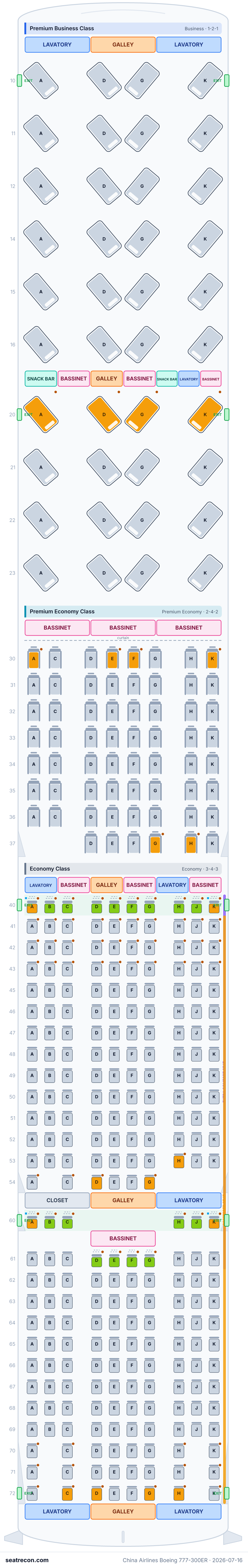 China Airlines Boeing 777-300ER seat map diagram — Premium Business Class, Premium Economy Class, Economy Class (358 seats)