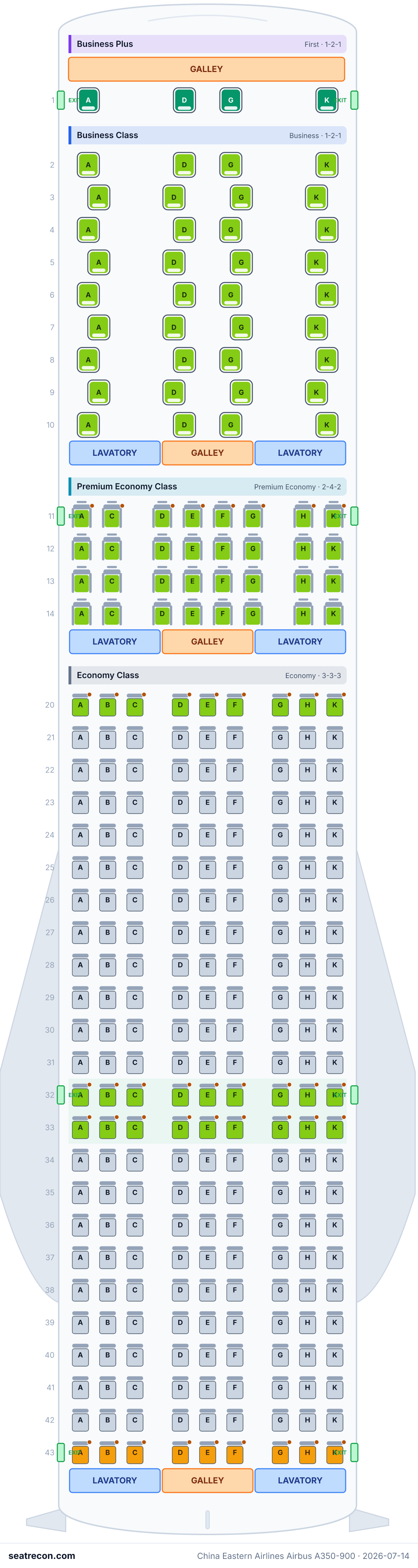 China Eastern Airlines Airbus A350-900 seat map diagram — Business Plus, Business Class, Premium Economy Class, Economy Class (288 seats)