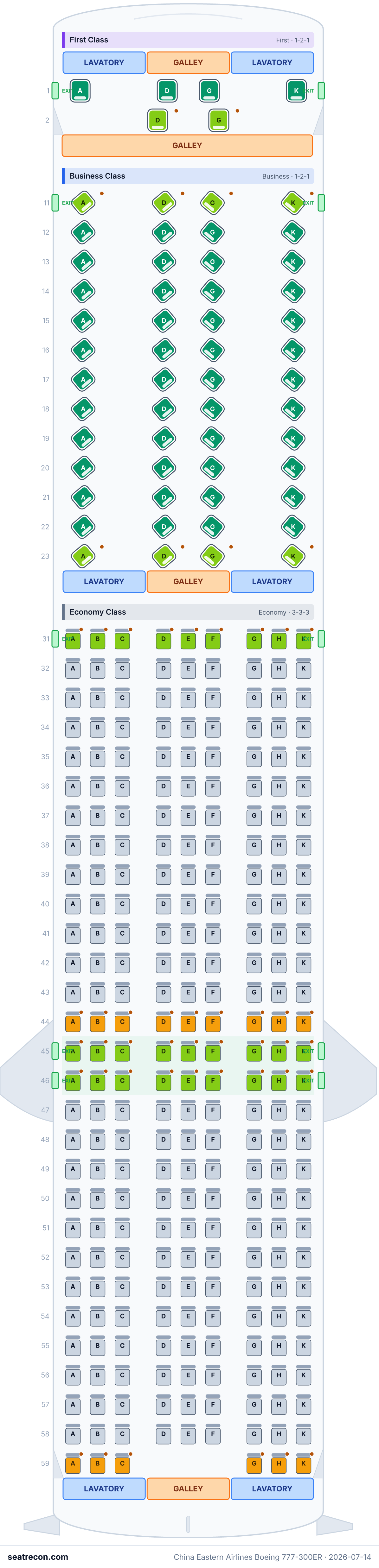 China Eastern Airlines Boeing 777-300ER seat map diagram — First Class, Business Class, Economy Class (316 seats)