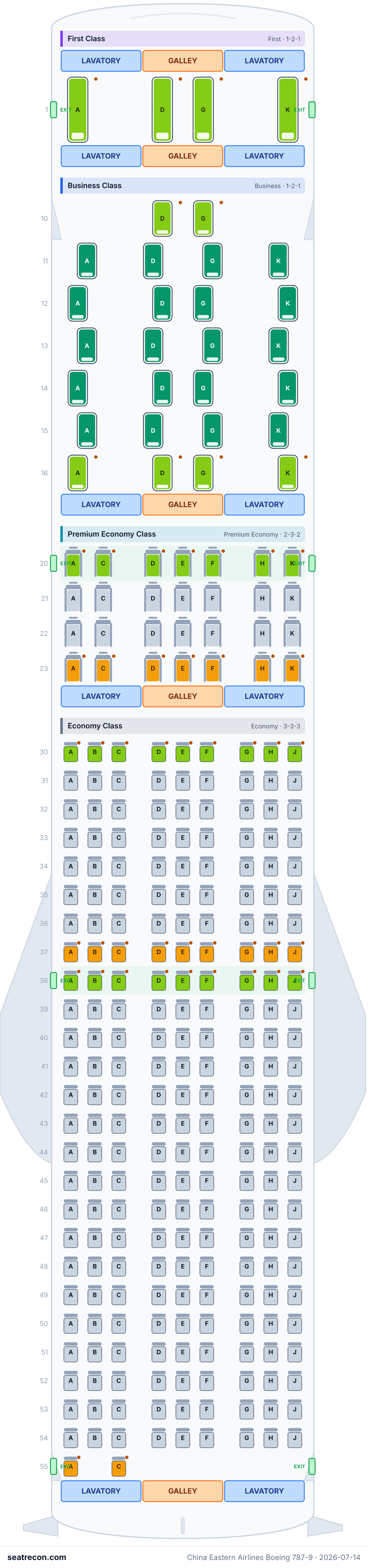 China Eastern Airlines Boeing 787-9 seat map diagram — First Class, Business Class, Premium Economy Class, Economy Class (285 seats)