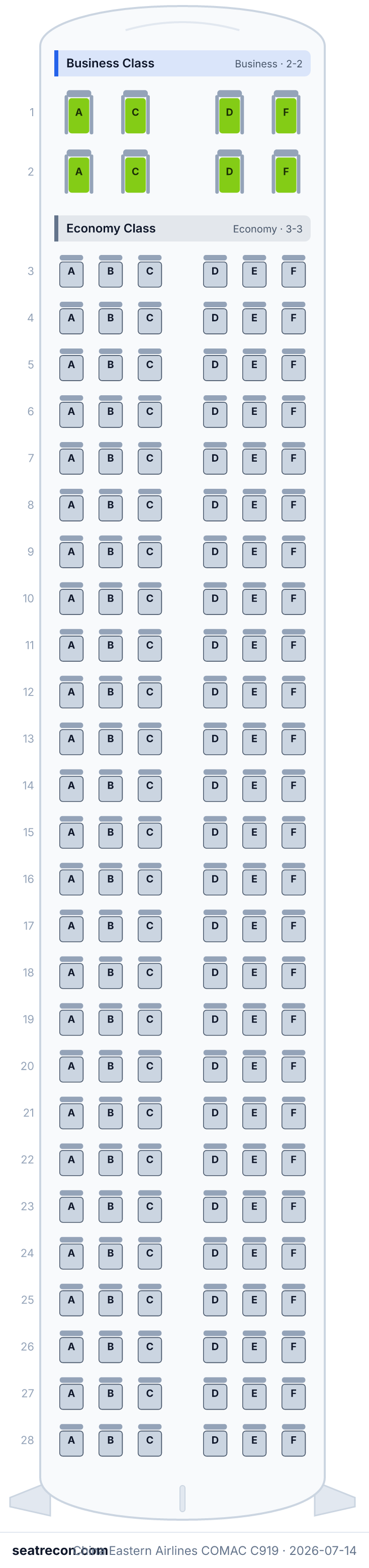 China Eastern Airlines COMAC C919 seat map diagram — Business Class, Economy Class (164 seats)