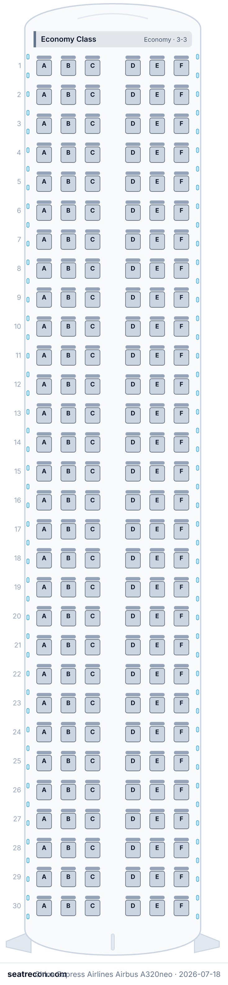 China Express Airlines Airbus A320neo seat map diagram — Economy Class (180 seats)