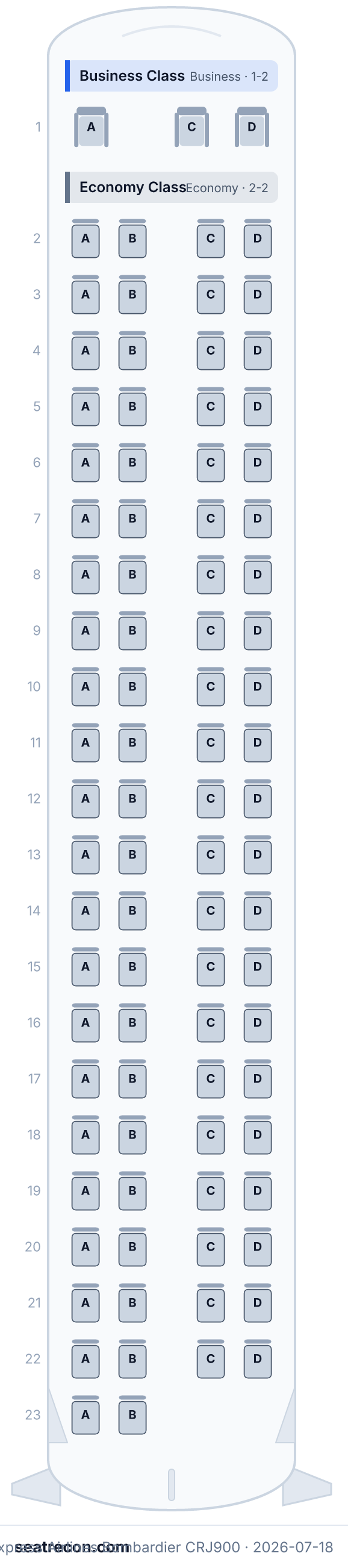 China Express Airlines Bombardier CRJ900 seat map diagram — Business Class, Economy Class (89 seats)