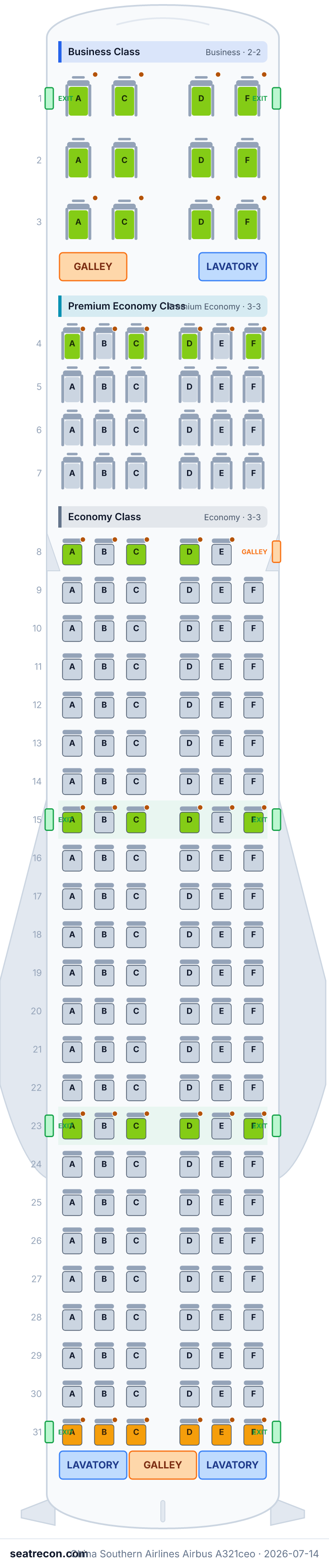 China Southern Airlines Airbus A321ceo seat map diagram — Business Class, Premium Economy Class, Economy Class (179 seats)