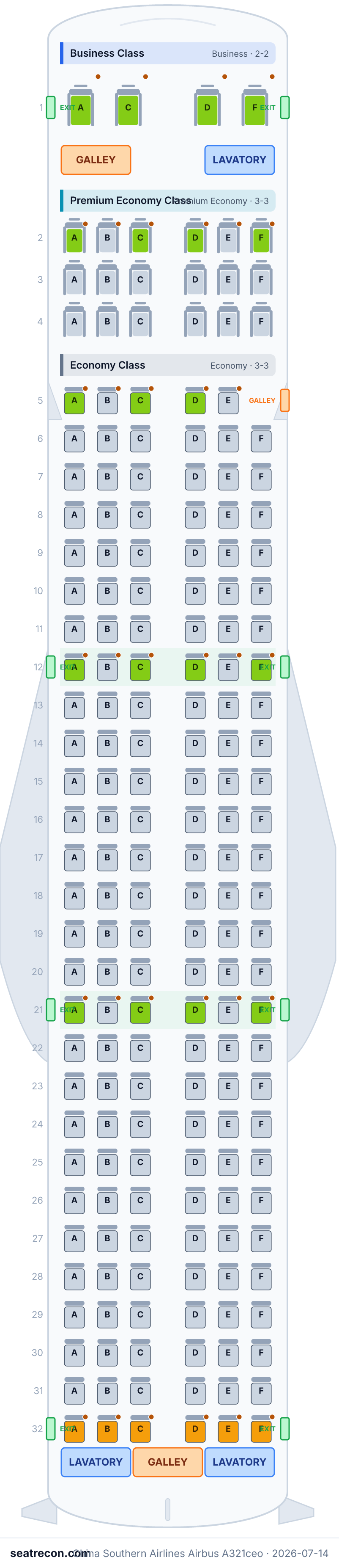 China Southern Airlines Airbus A321ceo seat map diagram — Business Class, Premium Economy Class, Economy Class (189 seats)