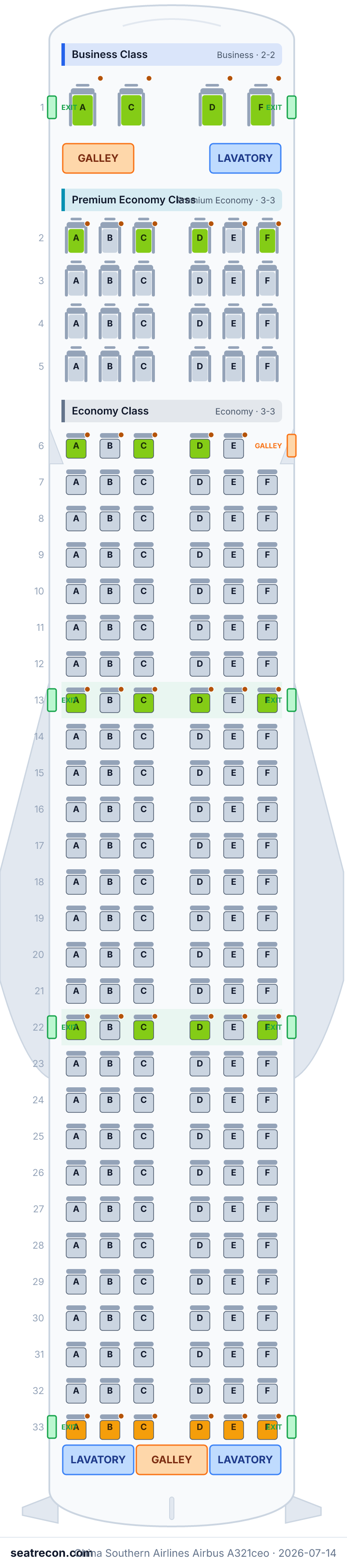 China Southern Airlines Airbus A321ceo seat map diagram — Business Class, Premium Economy Class, Economy Class (195 seats)