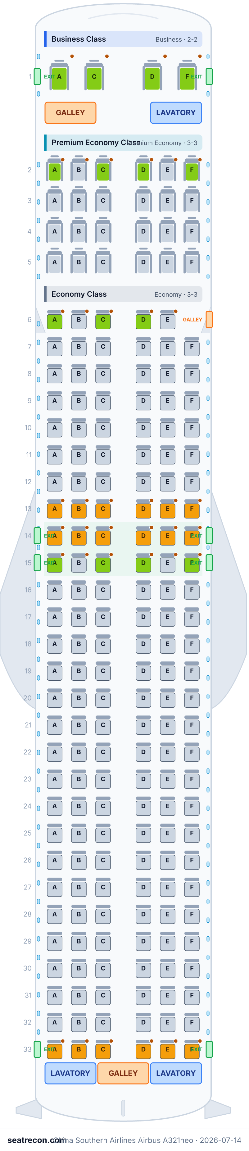 China Southern Airlines Airbus A321neo seat map diagram — Business Class, Premium Economy Class, Economy Class (195 seats)
