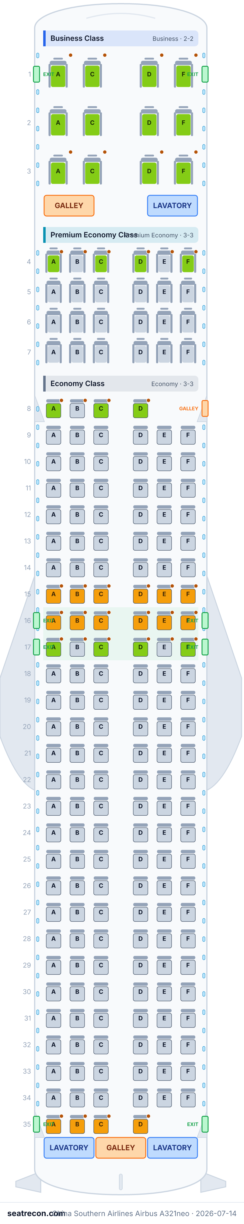 China Southern Airlines Airbus A321neo seat map diagram — Business Class, Premium Economy Class, Economy Class (200 seats)