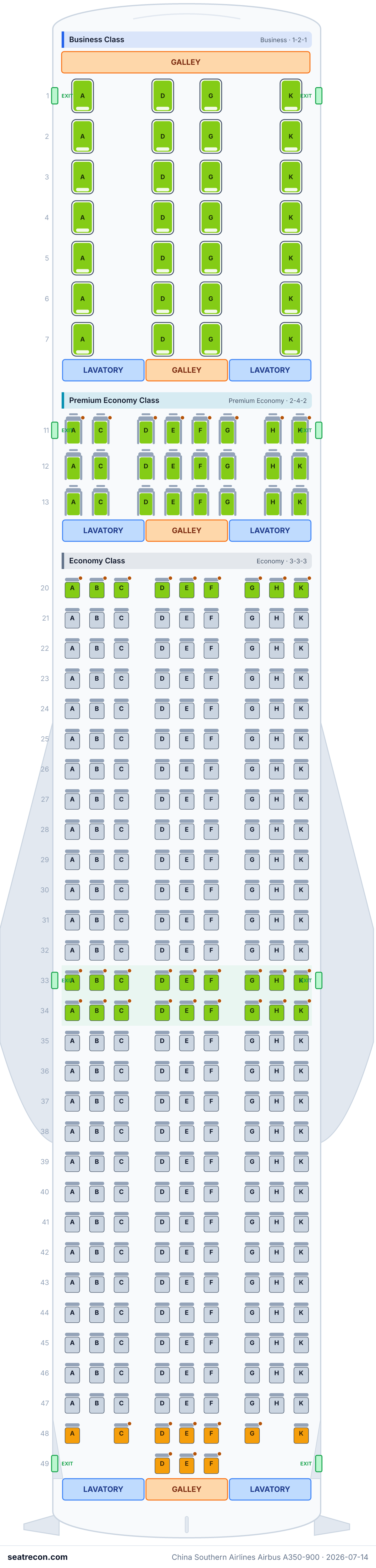 China Southern Airlines Airbus A350-900 seat map diagram — Business Class, Premium Economy Class, Economy Class (314 seats)