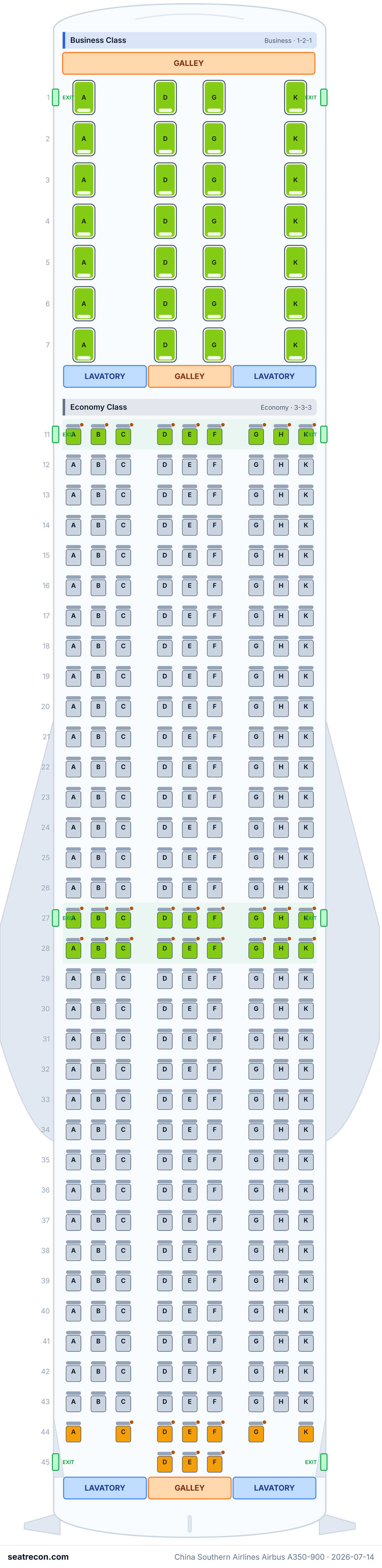 China Southern Airlines Airbus A350-900 seat map diagram — Business Class, Economy Class (335 seats)