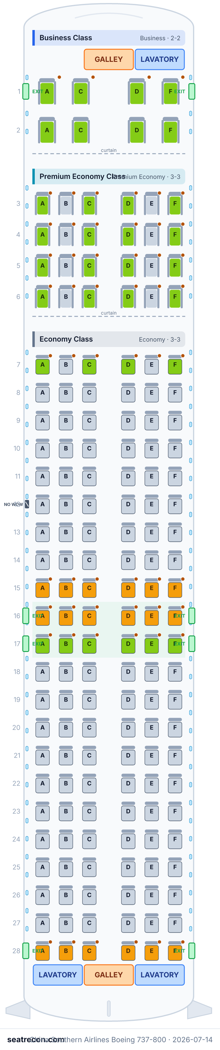 China Southern Airlines Boeing 737-800 seat map diagram — Business Class, Premium Economy Class, Economy Class (164 seats)