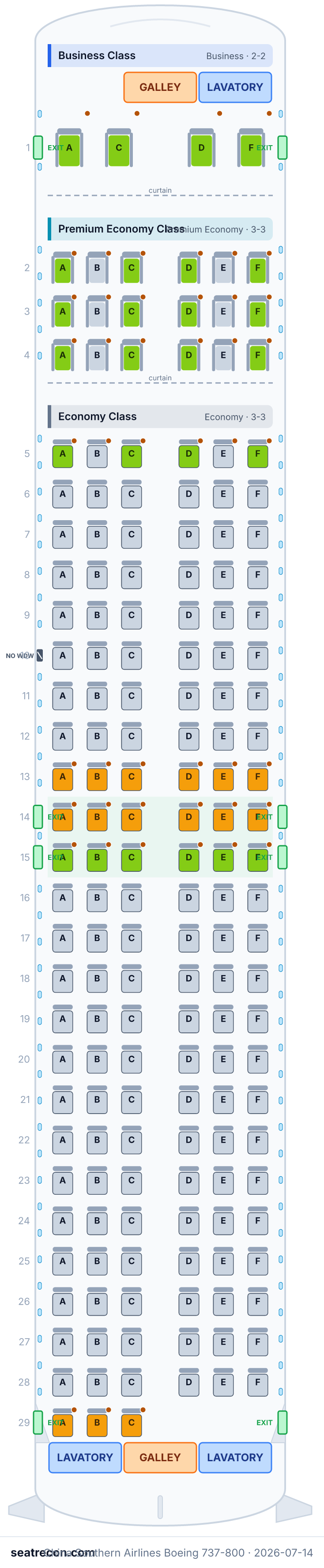 China Southern Airlines Boeing 737-800 seat map diagram — Business Class, Premium Economy Class, Economy Class (169 seats)