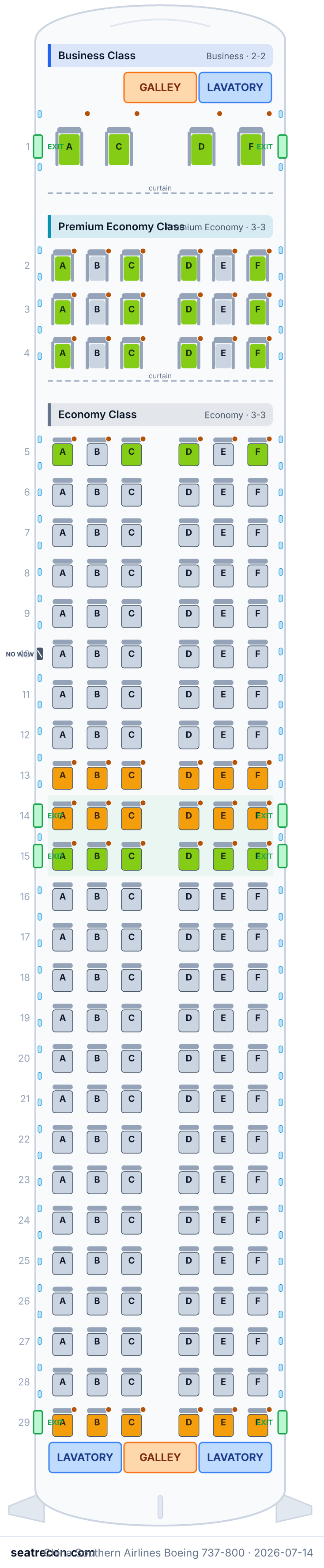 China Southern Airlines Boeing 737-800 seat map diagram — Business Class, Premium Economy Class, Economy Class (172 seats)