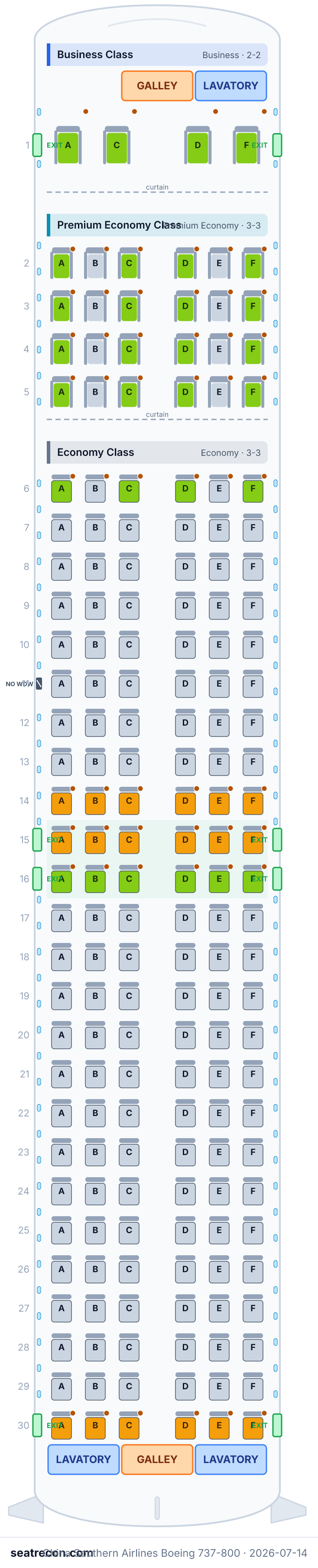 China Southern Airlines Boeing 737-800 seat map diagram — Business Class, Premium Economy Class, Economy Class (178 seats)