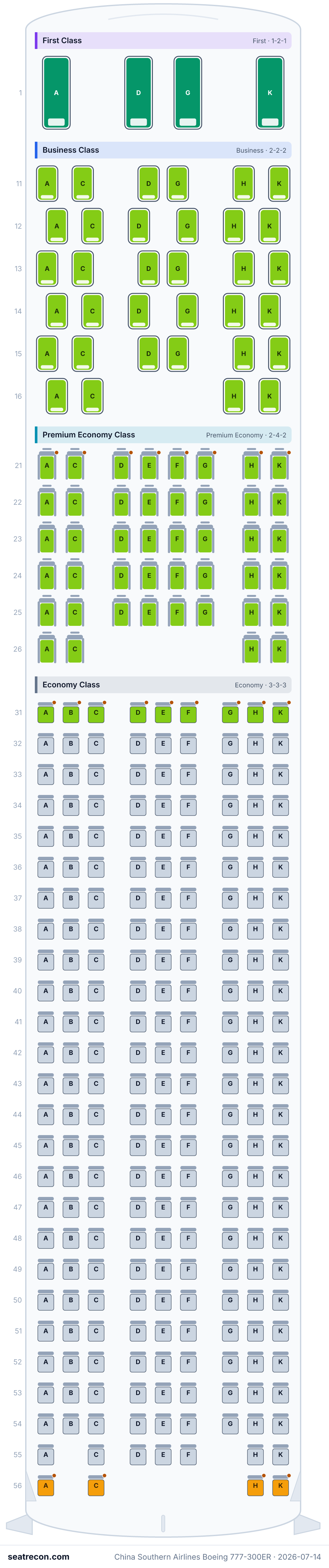 China Southern Airlines Boeing 777-300ER seat map diagram — First Class, Business Class, Premium Economy Class, Economy Class (309 seats)