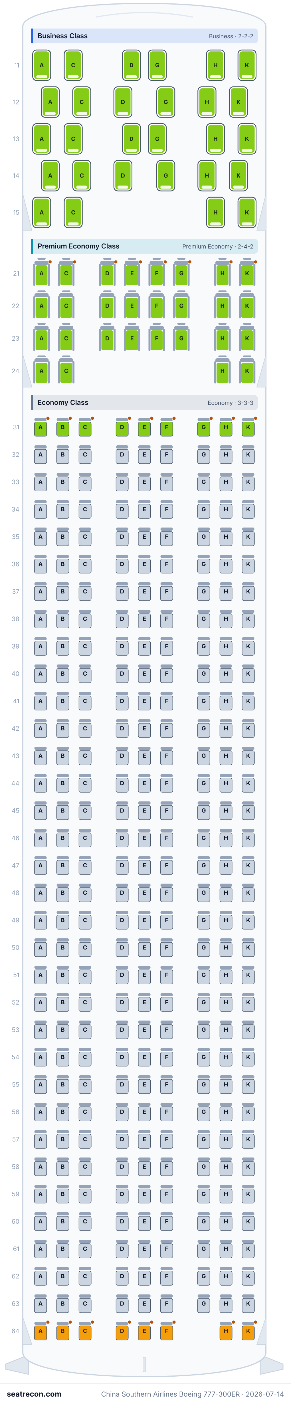 China Southern Airlines Boeing 777-300ER seat map diagram — Business Class, Premium Economy Class, Economy Class (361 seats)