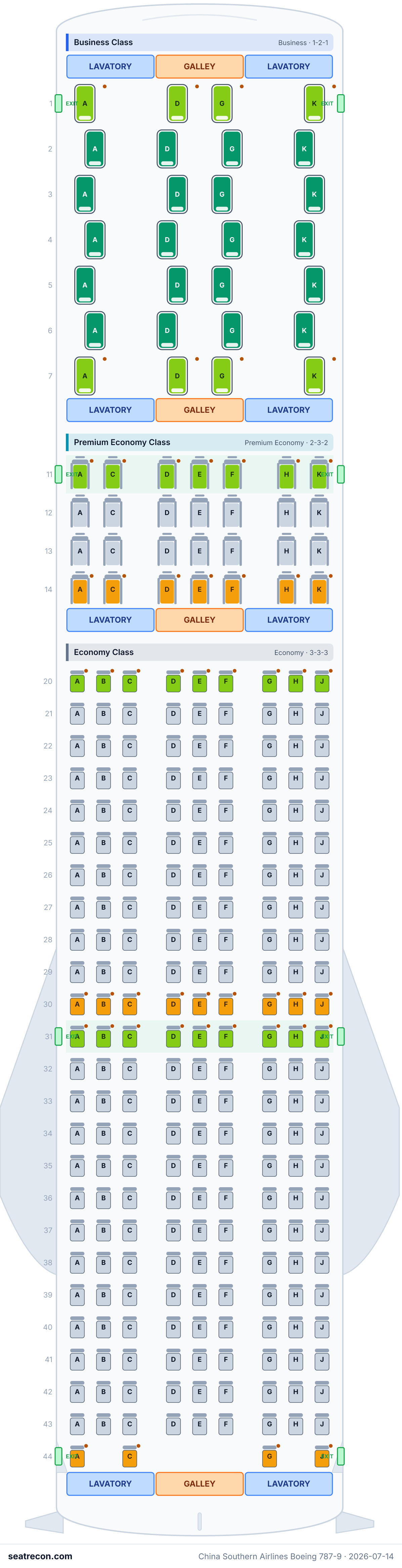China Southern Airlines Boeing 787-9 seat map diagram — Business Class, Premium Economy Class, Economy Class (276 seats)
