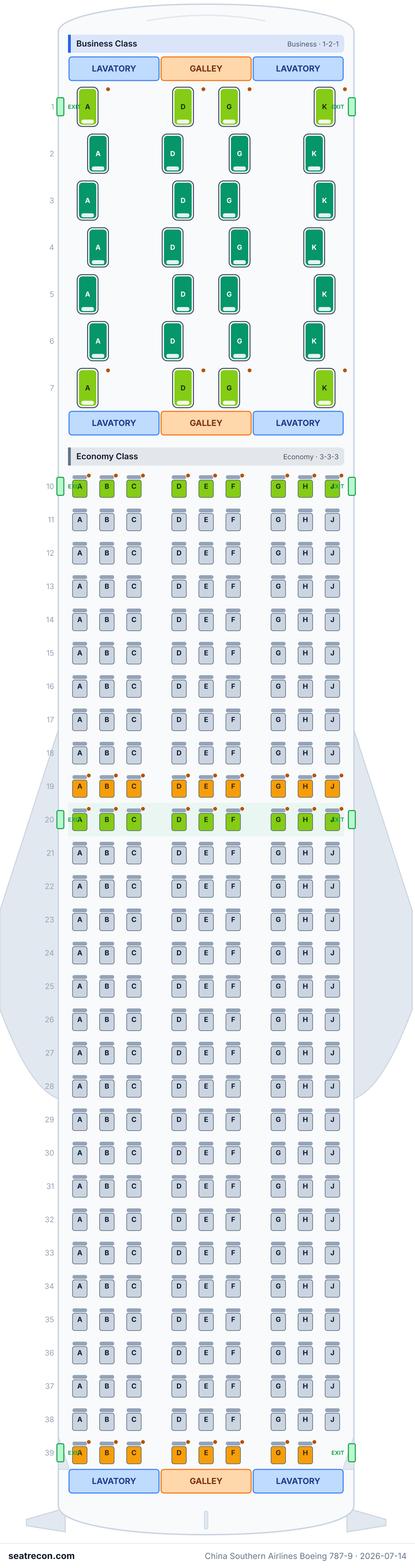 China Southern Airlines Boeing 787-9 seat map diagram — Business Class, Economy Class (297 seats)