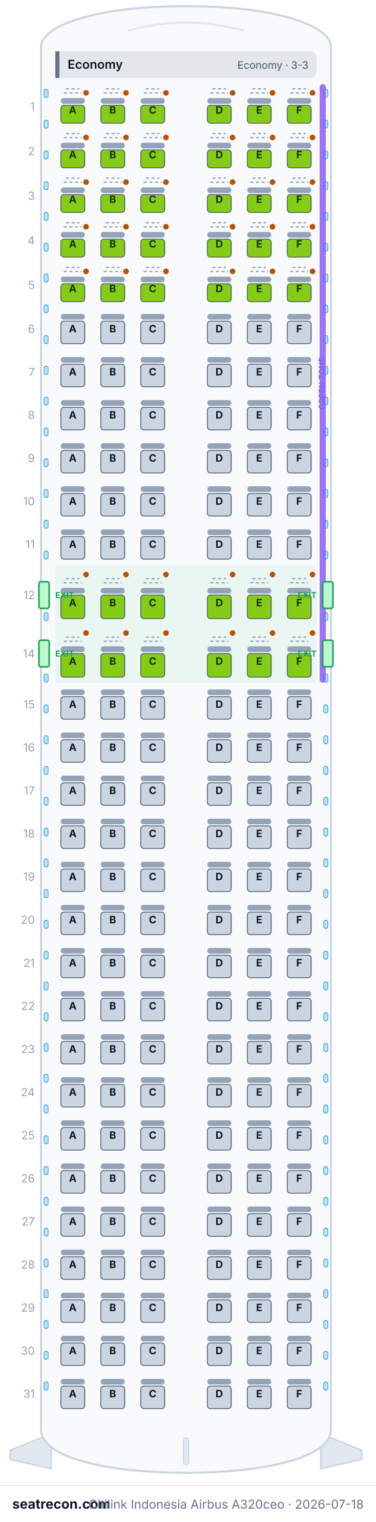 Citilink Indonesia Airbus A320ceo seat map diagram — Economy (180 seats)