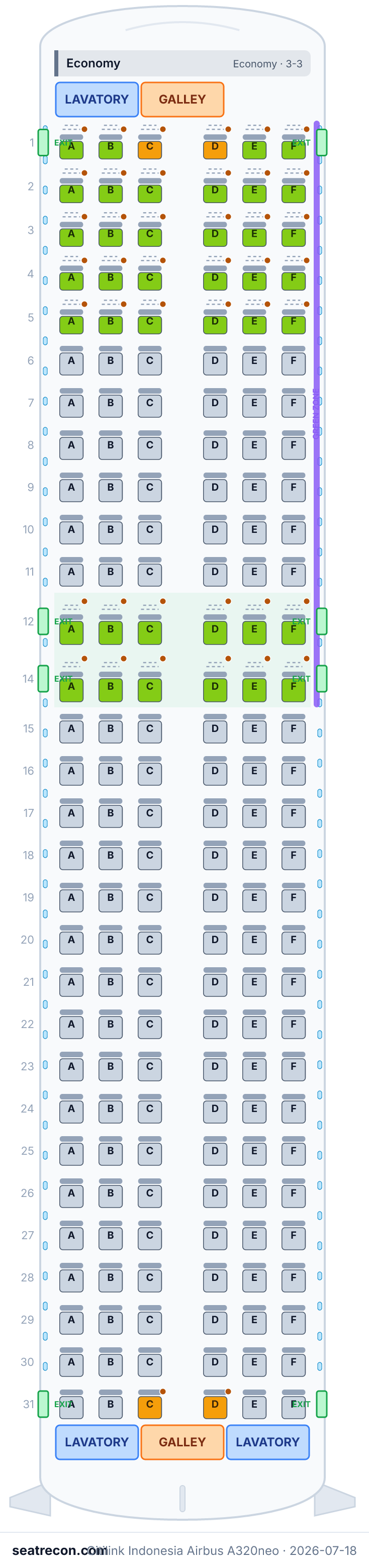 Citilink Indonesia Airbus A320neo seat map diagram — Economy (180 seats)