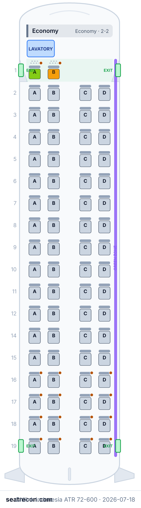 Citilink Indonesia ATR 72-600 seat map diagram — Economy (70 seats)