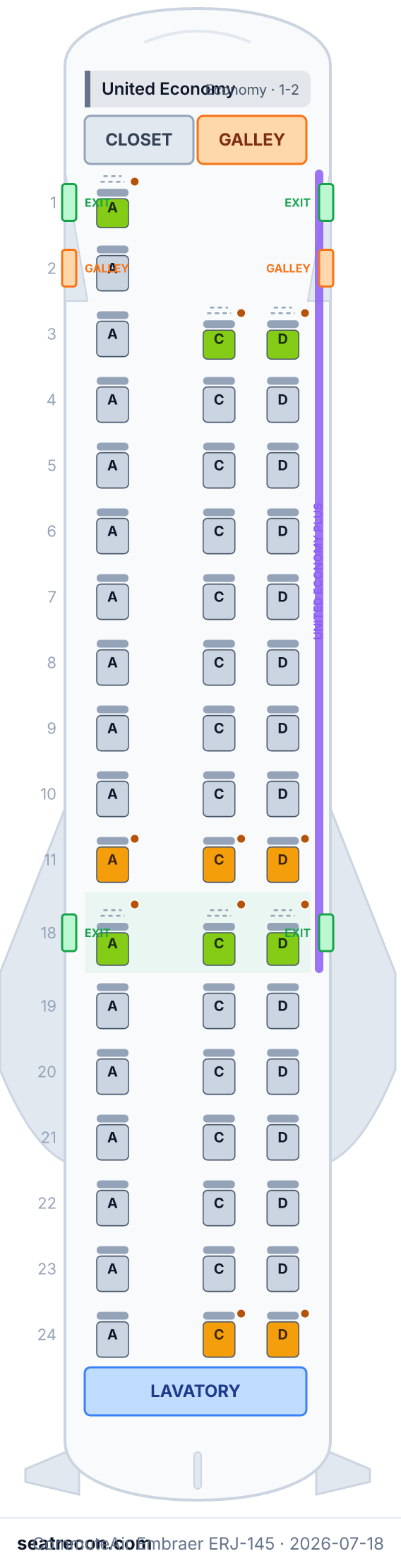 CommuteAir Embraer ERJ-145 seat map diagram — United Economy (50 seats)