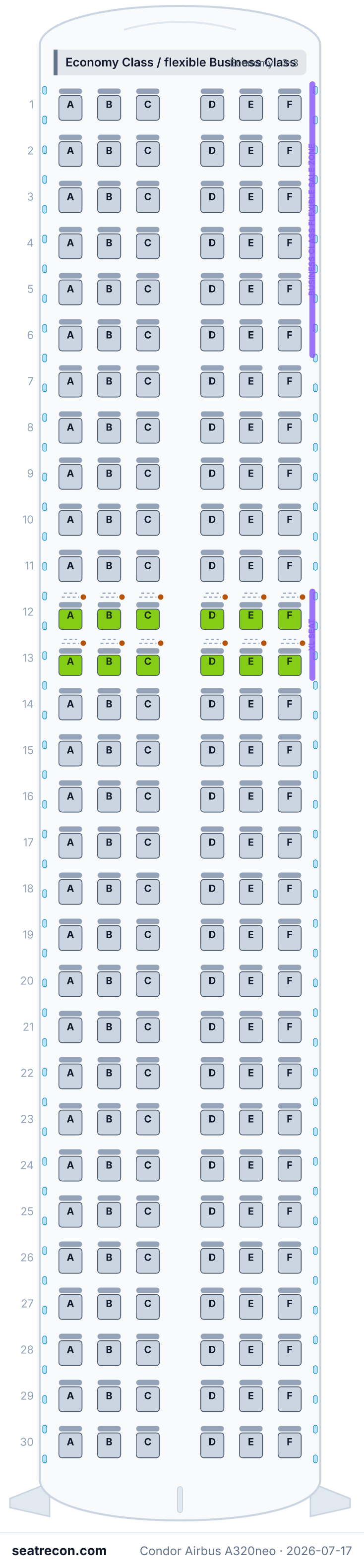Condor Airbus A320neo seat map diagram — Economy Class / flexible Business Class (180 seats)