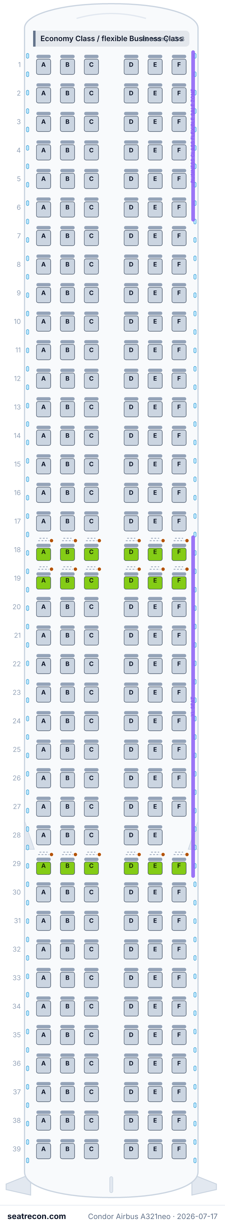 Condor Airbus A321neo seat map diagram — Economy Class / flexible Business Class (233 seats)