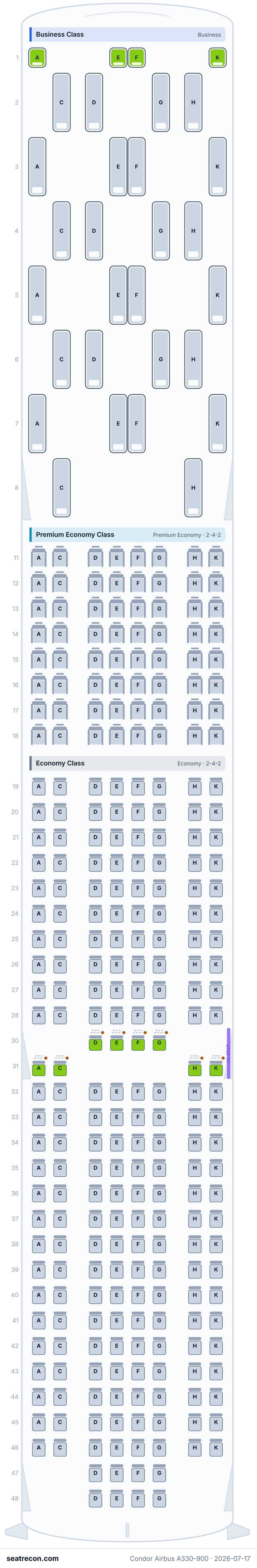 Condor Airbus A330-900 seat map diagram — Business Class, Premium Economy Class, Economy Class (310 seats)