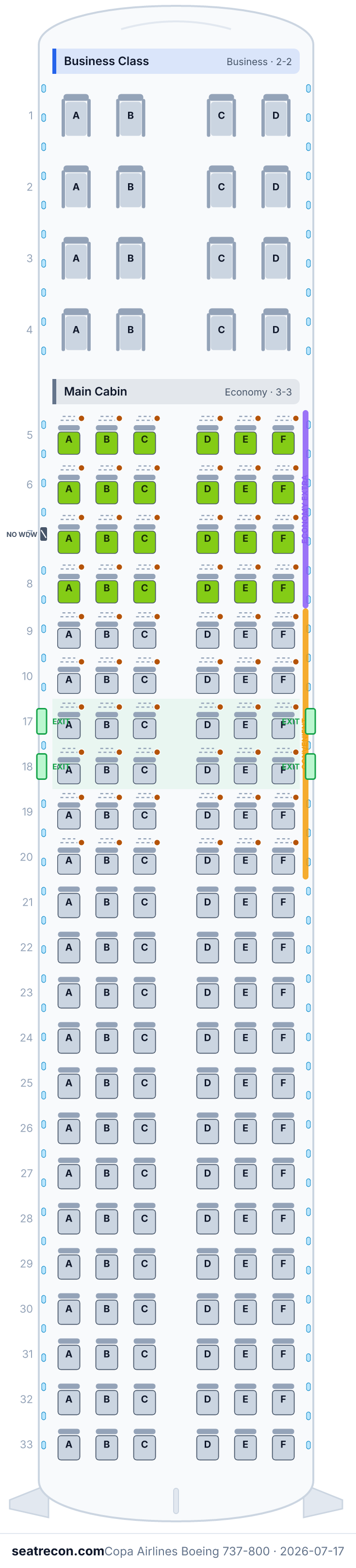 Copa Airlines Boeing 737-800 seat map diagram — Business Class, Main Cabin (154 seats)