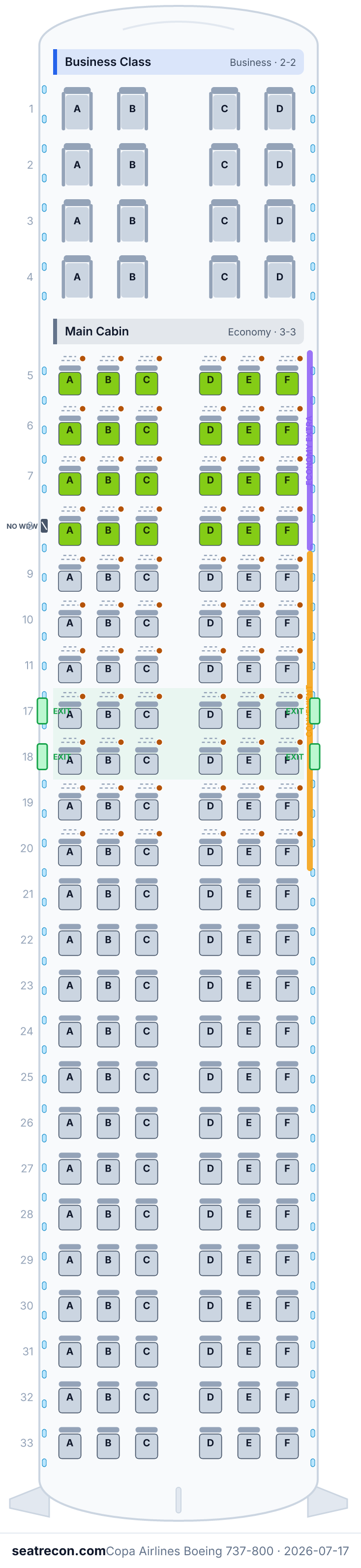 Copa Airlines Boeing 737-800 seat map diagram — Business Class, Main Cabin (160 seats)