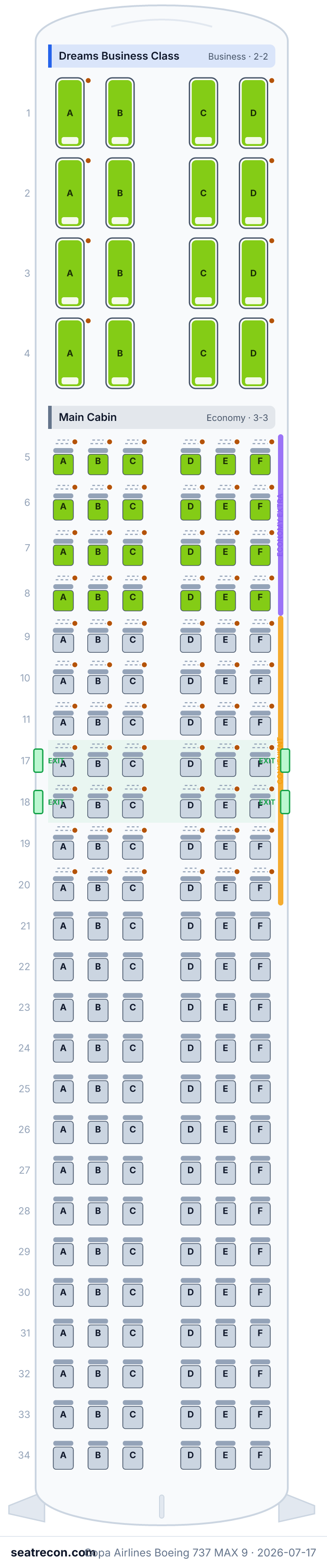 Copa Airlines Boeing 737 MAX 9 seat map diagram — Dreams Business Class, Main Cabin (166 seats)