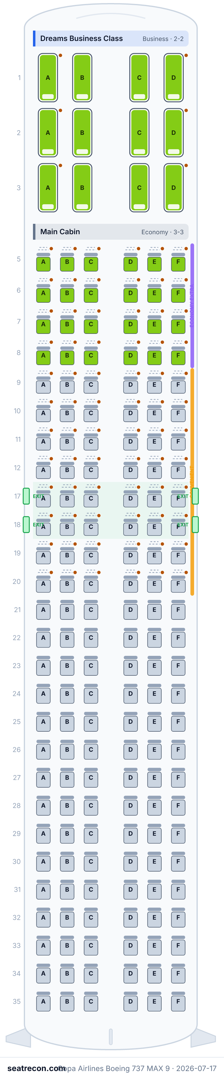 Copa Airlines Boeing 737 MAX 9 seat map diagram — Dreams Business Class, Main Cabin (174 seats)