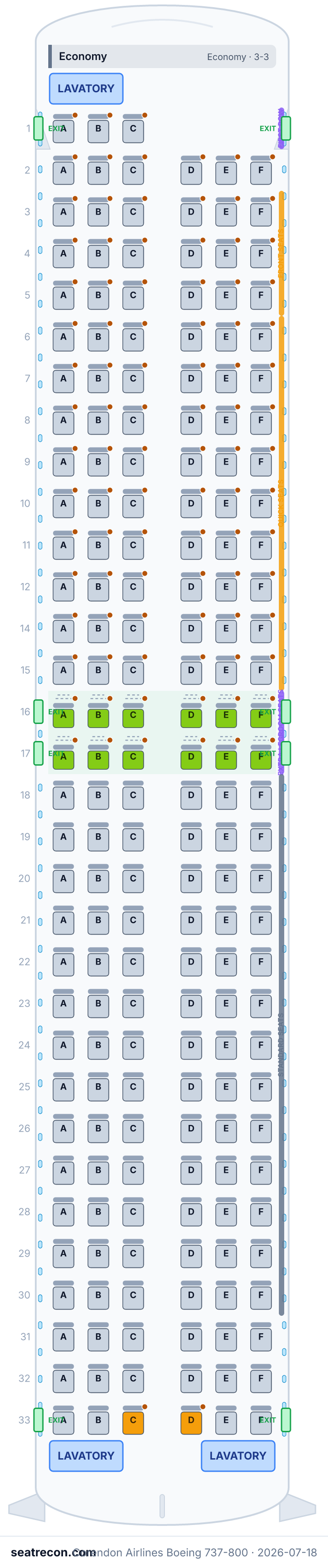 Corendon Airlines Boeing 737-800 seat map diagram — Economy (189 seats)
