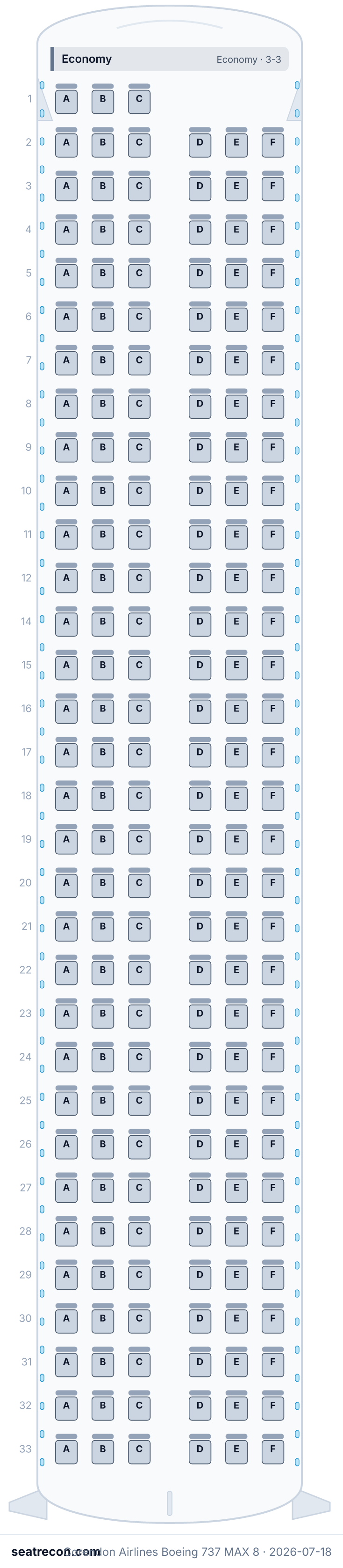 Corendon Airlines Boeing 737 MAX 8 seat map diagram — Economy (189 seats)