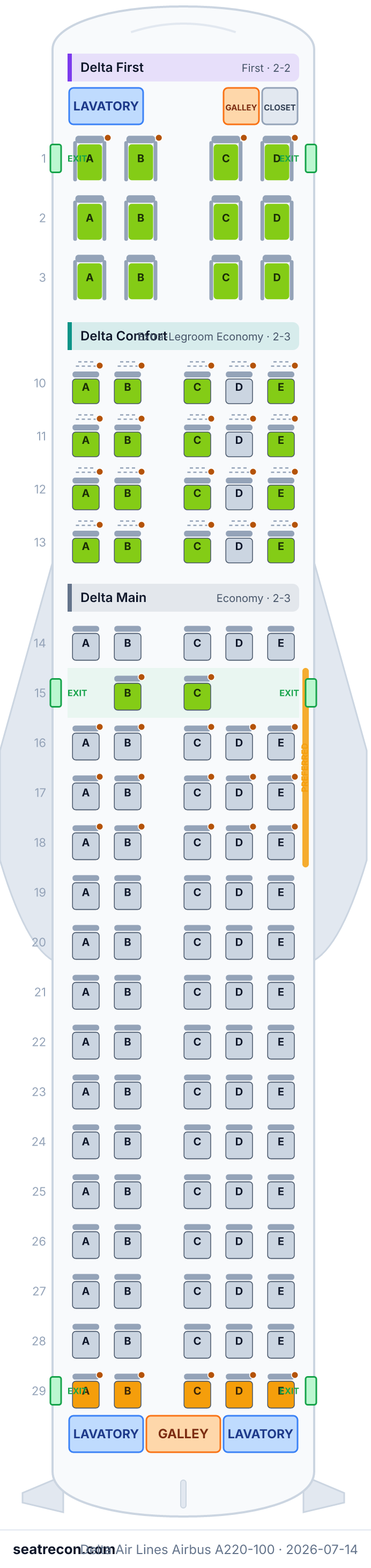 Delta Air Lines Airbus A220-100 seat map diagram — Delta First, Delta Comfort, Delta Main (109 seats)