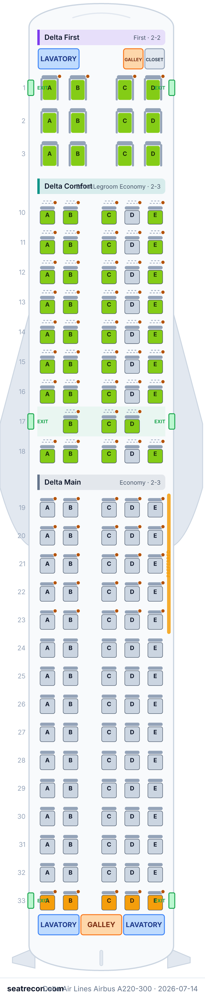 Delta Air Lines Airbus A220-300 seat map diagram — Delta First, Delta Comfort, Delta Main (130 seats)