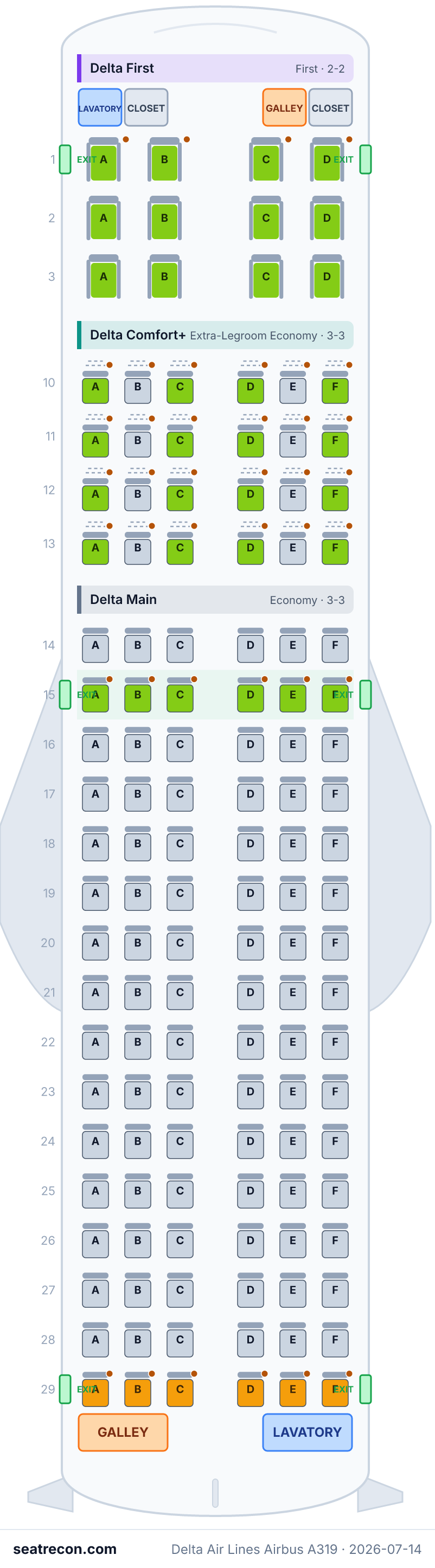 Delta Air Lines Airbus A319 seat map diagram — Delta First, Delta Comfort+, Delta Main (132 seats)