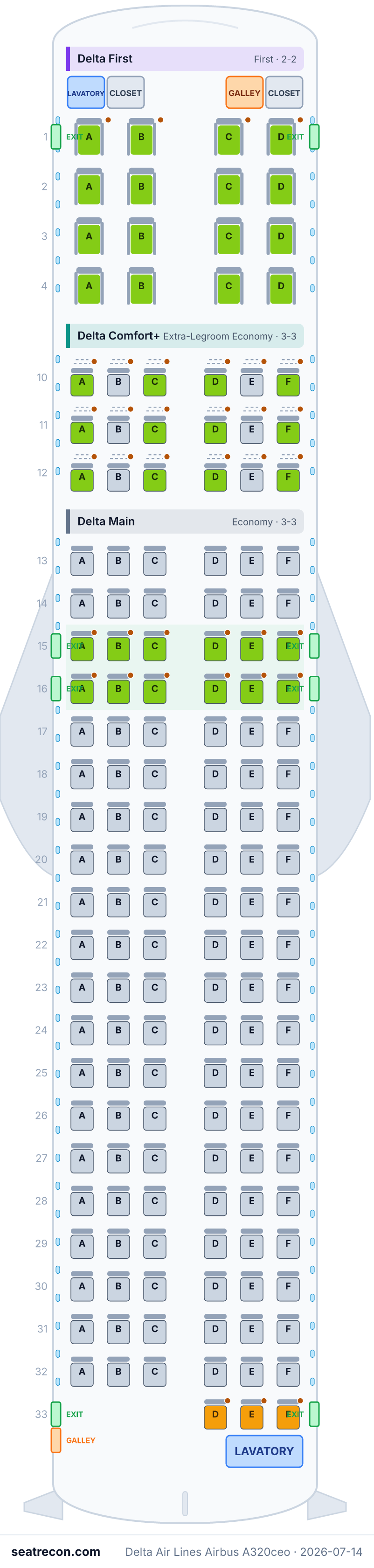 Delta Air Lines Airbus A320ceo seat map diagram — Delta First, Delta Comfort+, Delta Main (157 seats)