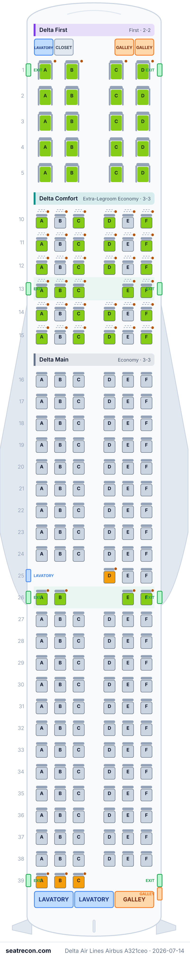 Delta Air Lines Airbus A321ceo seat map diagram — Delta First, Delta Comfort, Delta Main (191 seats)