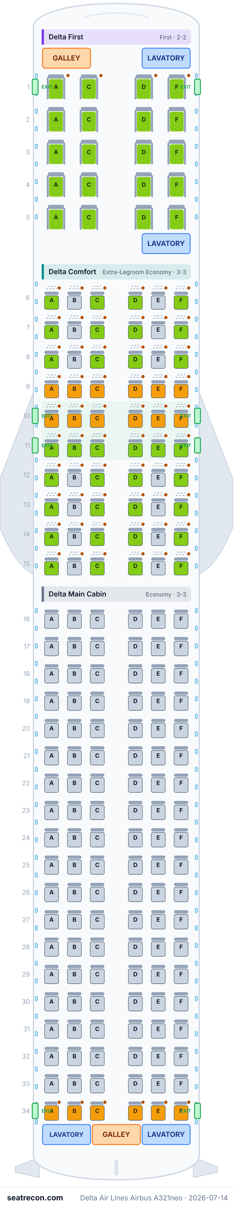 Delta Air Lines Airbus A321neo seat map diagram — Delta First, Delta Comfort, Delta Main Cabin (194 seats)