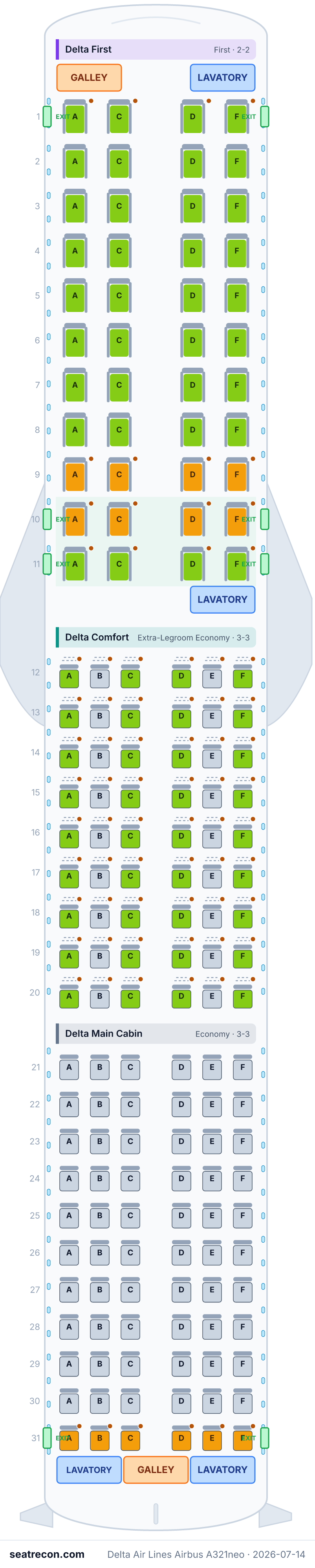 Delta Air Lines Airbus A321neo seat map diagram — Delta First, Delta Comfort, Delta Main Cabin (164 seats)