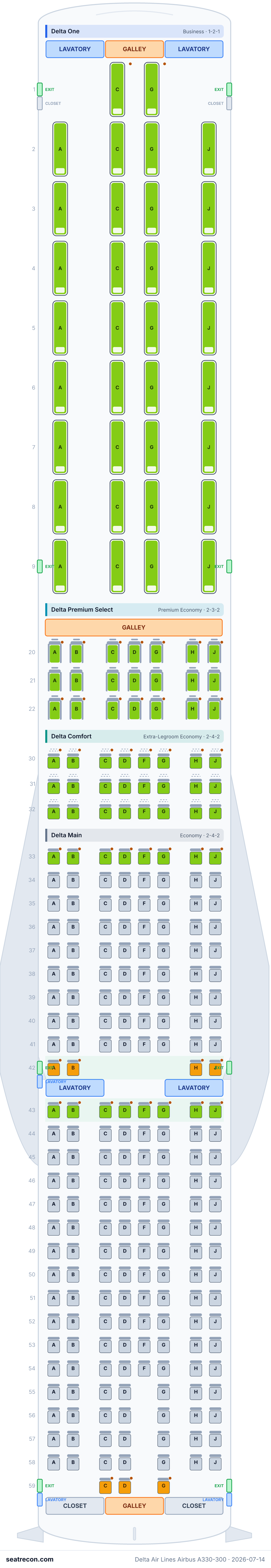 Delta Air Lines Airbus A330-300 seat map diagram — Delta One, Delta Premium Select, Delta Comfort, Delta Main (282 seats)